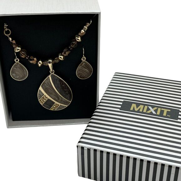 MIXIT Necklace Earring Set In Box Beaded Gold Tone Enamel Gift Statement Women - Picture 2 of 14